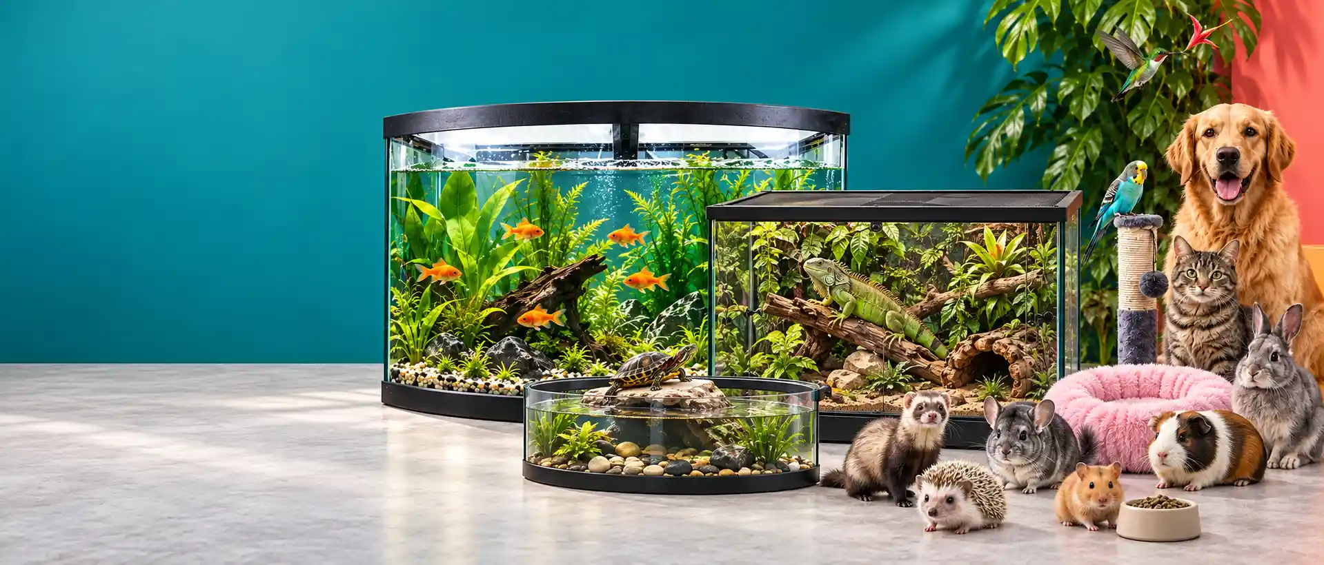 Banner de una imagen que representa lo que es artiani una pecera panoramica con peces dentro, un terrario con un reptil, un perro, un gato, un conejo, una ave y accesorios de las mismas mascotas