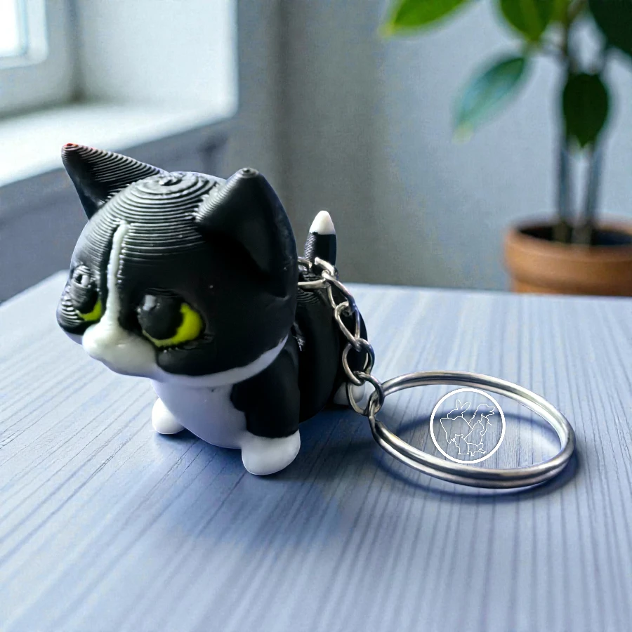 Llavero 3D de gato articulado negro con blanco