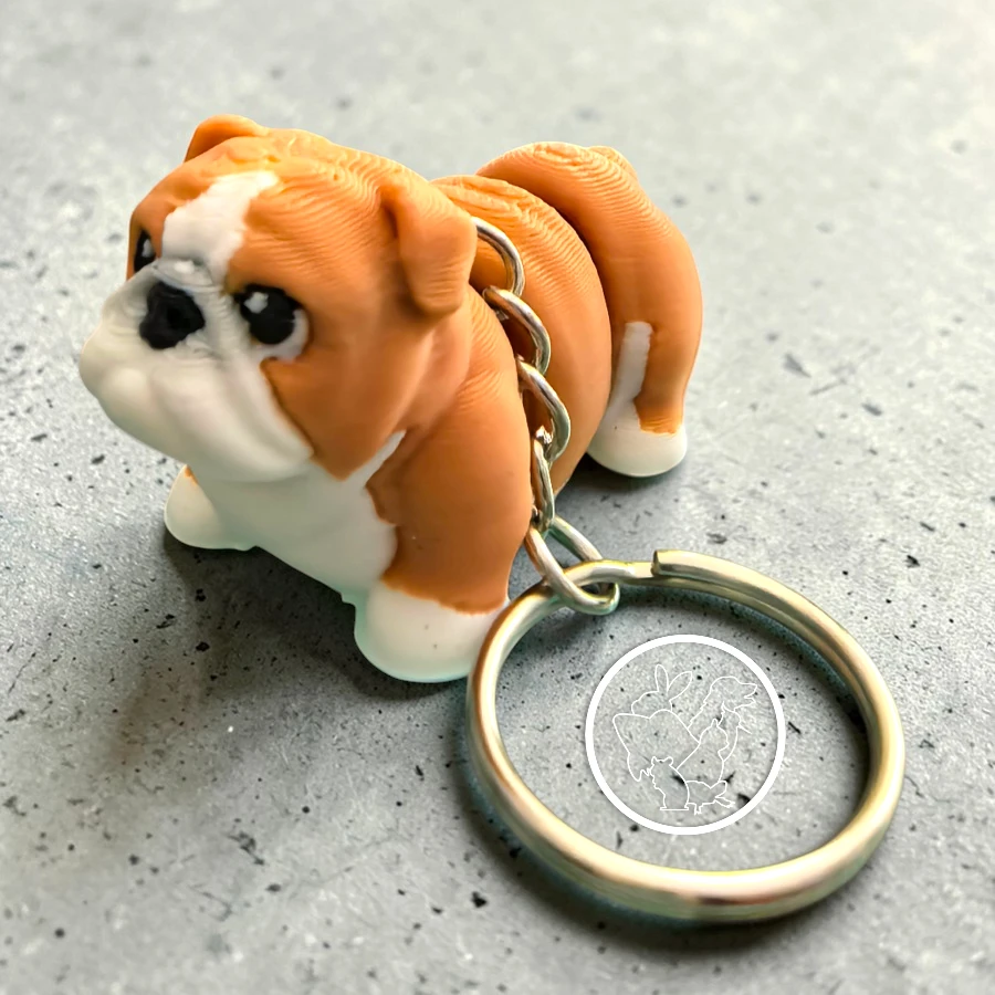 Llavero 3D de bulldog ingles articulado cafe con blanco