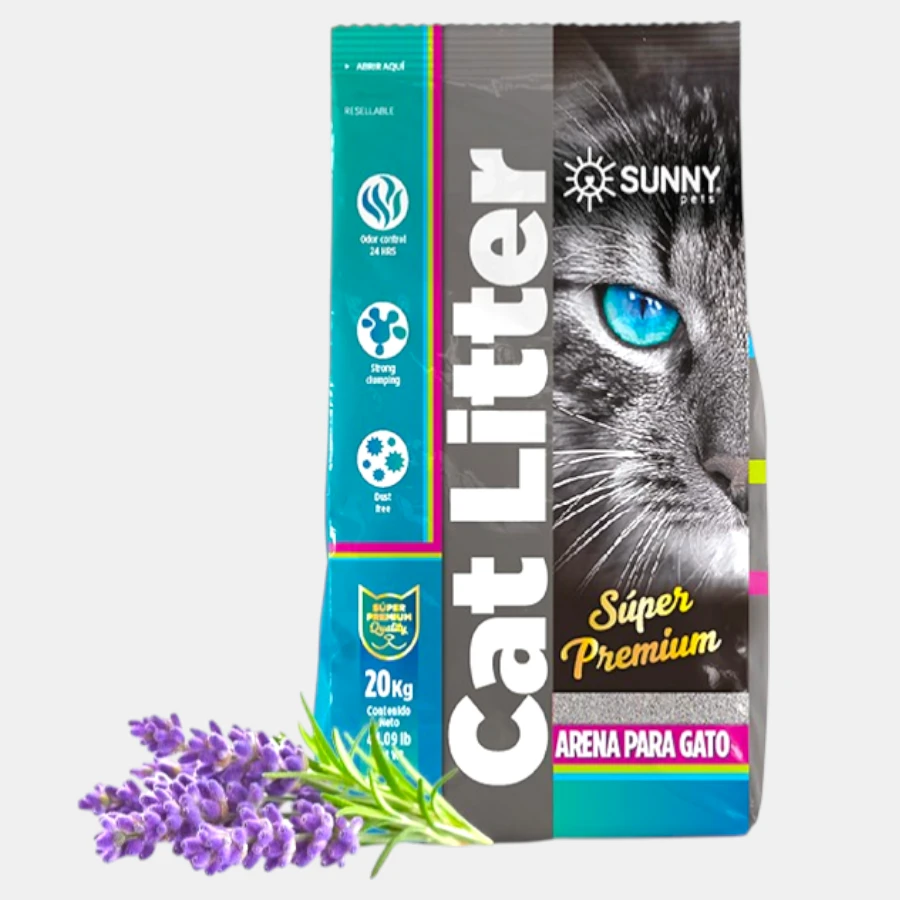 Arena para gatos aroma lavanda (bolsa 20kg) bentonita super aglutinante y 99% libre de polvo